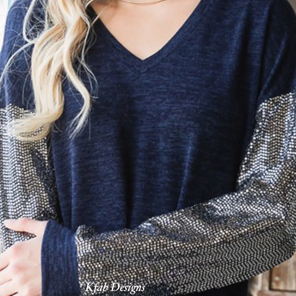 ❤️LAST! V Neck Midnight Blue Super Soft Sequin Sleeve Top! - Picture 16 of 16